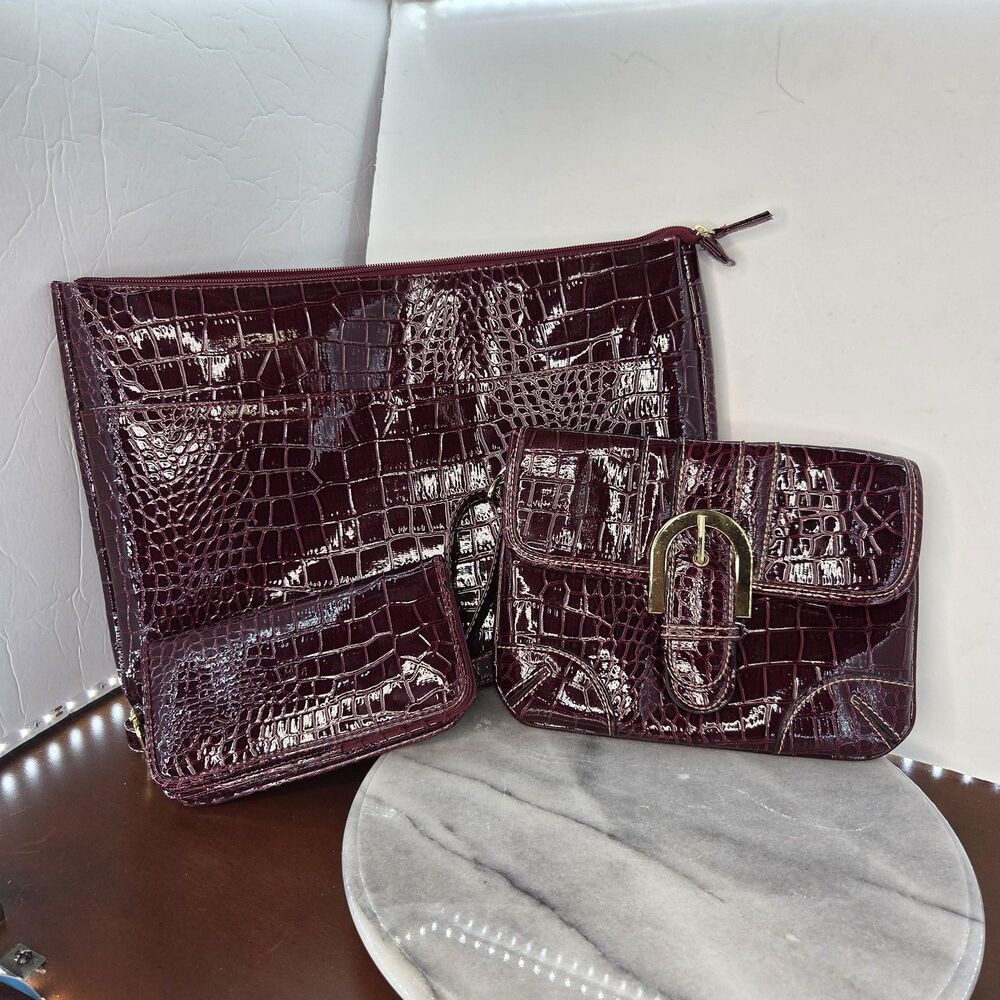 3 Piece Croc Embossed Handbag Set Womens Crossbody Purse Wallet Clutch Vinyl